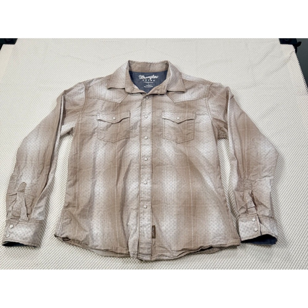 Wrangler Retro Premium Pearl Snap Western Shirt Mens L Brown White Plaid Cowboy